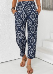 Navy Tribal Print Straight Leg Elastic Waist Pants | thumb picture 