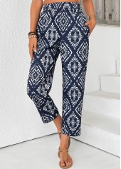 Navy Tribal Print Straight Leg Elastic Waist Pants | thumb picture 