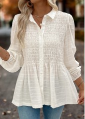 Beige Tummy Coverage Long Sleeve Shirt Collar Blouse
