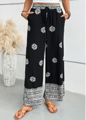 Black Tribal Print Wide Leg Elastic Waist Pants | thumb picture 