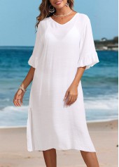 Ruffle Split V Neck White Cover Up | thumb picture 