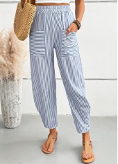 Dusty Blue Striped Elastic Waist High Waisted Pants