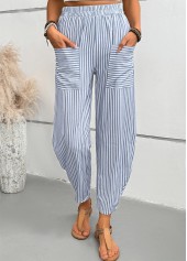 Dusty Blue Striped Elastic Waist High Waisted Pants | thumb picture 