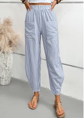 Dusty Blue Striped Elastic Waist High Waisted Pants | thumb picture 