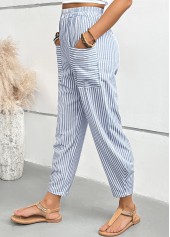 Dusty Blue Striped Elastic Waist High Waisted Pants | thumb picture 