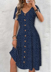 Navy Polka Dot Short Sleeve V Neck Dress