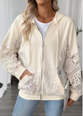 Beige Long Sleeve Pocket Zipper Hoodie | thumb picture 