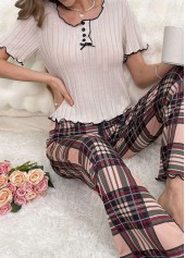 Light Coffee Plaid Short Sleeve Lounge Top and Pants | thumb picture 