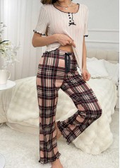 Light Coffee Plaid Short Sleeve Lounge Top and Pants | thumb picture 
