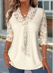 Beige 3/4 Sleeve V Neck T Shirt