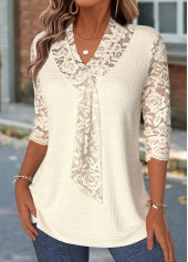 Beige 3/4 Sleeve V Neck T Shirt | thumb picture 