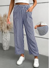 Blue Striped Straight Leg Elastic Waist Mid Waisted Pants