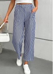 Blue Striped Straight Leg Elastic Waist Mid Waisted Pants | thumb picture 