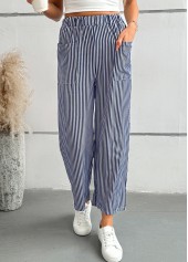 Blue Striped Straight Leg Elastic Waist Mid Waisted Pants | thumb picture 