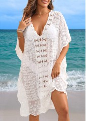 Patchwork White V Neck Lace Cover Up