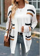 White Long Striped Drop Sleeve Cardigan