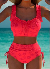 Mid Waisted Floral Print Red Bikini Set