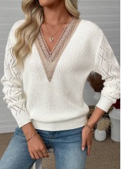 Beige Long Sleeve V Neck Sweater