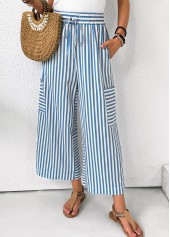 Light Blue Pocket Striped Wide Leg Elastic Waist Pants