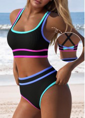 Mid Waisted Patchwork Black Bikini Set