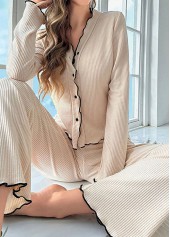 Beige Long Sleeve V Neck Lounge Top and Pants