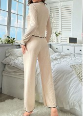 Beige Long Sleeve V Neck Lounge Top and Pants