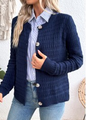 Navy Button Long Sleeve Round Neck Cardigan | thumb picture 