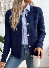 Navy Button Long Sleeve Round Neck Cardigan | thumb picture 