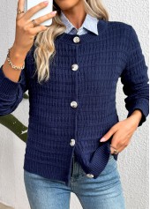 Navy Button Long Sleeve Round Neck Cardigan | thumb picture 