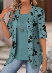Turquoise Floral Print Half Sleeve Fake Two Piece Twinset
