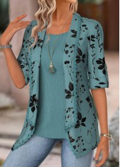 Turquoise Floral Print Half Sleeve Fake Two Piece Twinset | thumb picture 