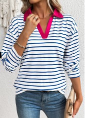 White Striped Long Sleeve Split Neck T Shirt | thumb picture 