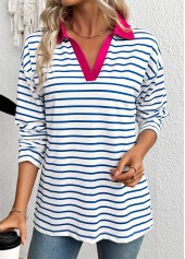 White Striped Long Sleeve Split Neck T Shirt | thumb picture 