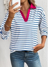 White Striped Long Sleeve Split Neck T Shirt | thumb picture 