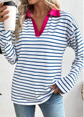 White Striped Long Sleeve Split Neck T Shirt