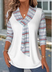 White Striped 3/4 Sleeve V Neck T Shirt