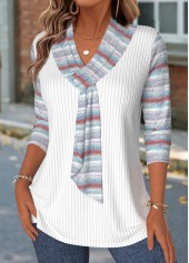White Striped 3/4 Sleeve V Neck T Shirt | thumb picture 