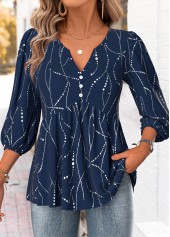 Navy Geometric Print 3/4 Sleeve Split Neck Blouse