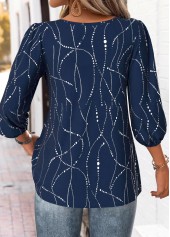 Navy Geometric Print 3/4 Sleeve Split Neck Blouse | thumb picture 