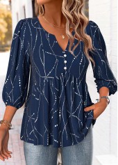 Navy Geometric Print 3/4 Sleeve Split Neck Blouse | thumb picture 