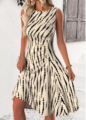 Light Camel Tie Dye Print Sleeveless Round Neck Dress