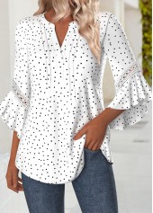 Multi Color Polka Dot 3/4 Sleeve Split Neck Blouse