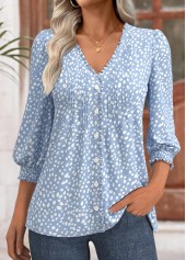 Light Blue Polka Dot 3/4 Sleeve V Neck Blouse