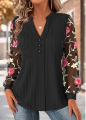 Black Floral Print Long Sleeve Asymmetrical Neck Blouse