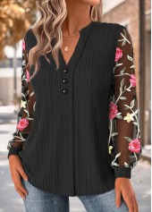 Black Floral Print Long Sleeve Asymmetrical Neck Blouse | thumb picture 