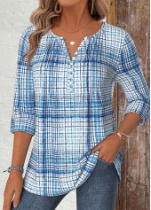 Light Blue Plaid Long Sleeve Split Neck Shirt
