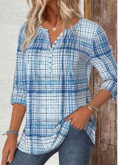 Light Blue Plaid Long Sleeve Split Neck Shirt | thumb picture 