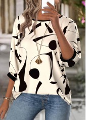 Beige Geometric Print 3/4 Sleeve Round Neck Blouse | thumb picture 