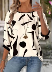 Beige Geometric Print 3/4 Sleeve Round Neck Blouse