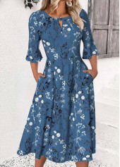 Peacock Blue Floral Print 3/4 Sleeve Round Neck Dress